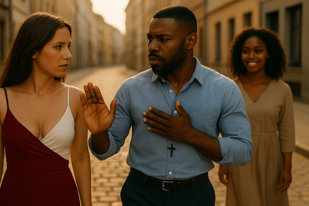 A tense interaction between a man and a woman on a street, with the man holding his hand up in a stopping gesture while placing his other hand on his chest, expressing concern. A smiling woman stands in the background, observing the situation.